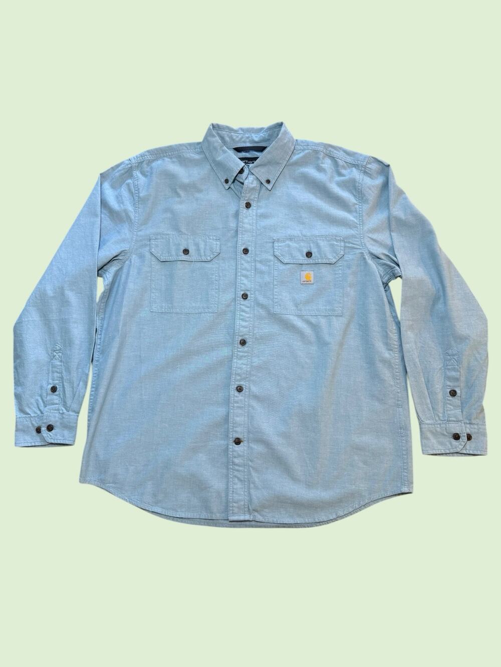 Carhartt Men’s Large Blue Chambray Button Up Work Shirt Loose Fit Long Sleeve
